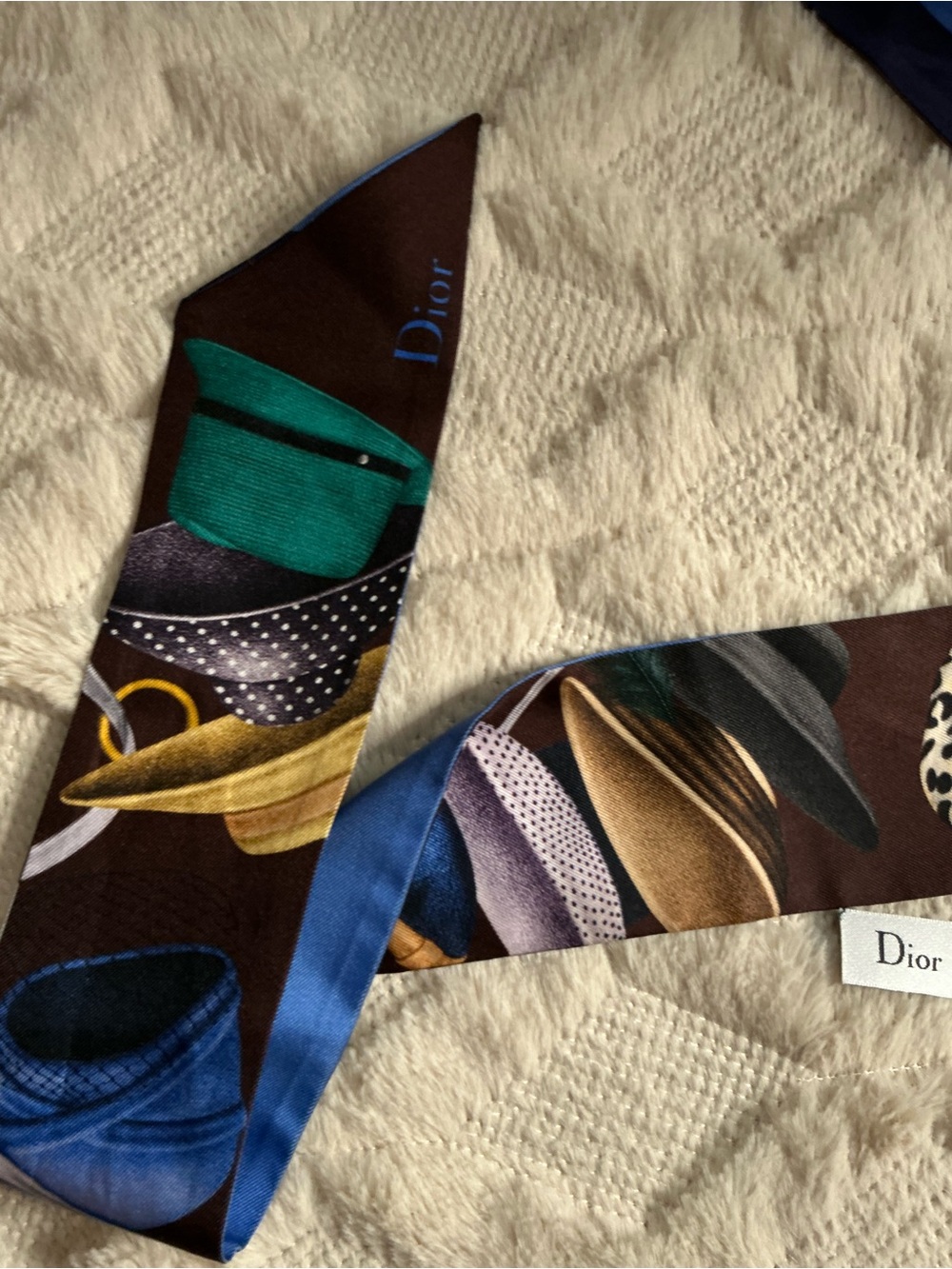 Dior Brown Silk Twilly with Blue, and Gold Hat Motif.